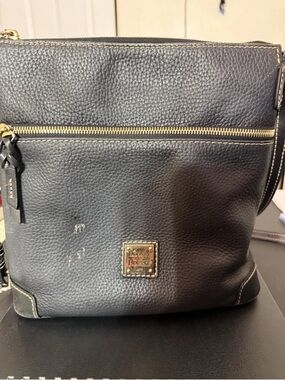 Dooney & Bourke Black Pebbled Leather Messenger Crossbody with Gold Accents